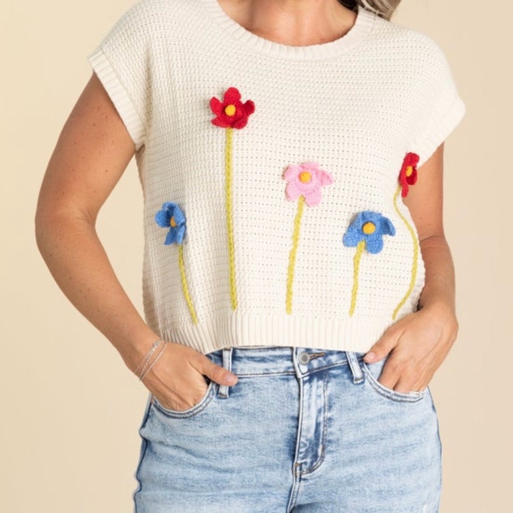 Blu Pepper Natural Crochet 3D Floral Sweater Knit Size Small